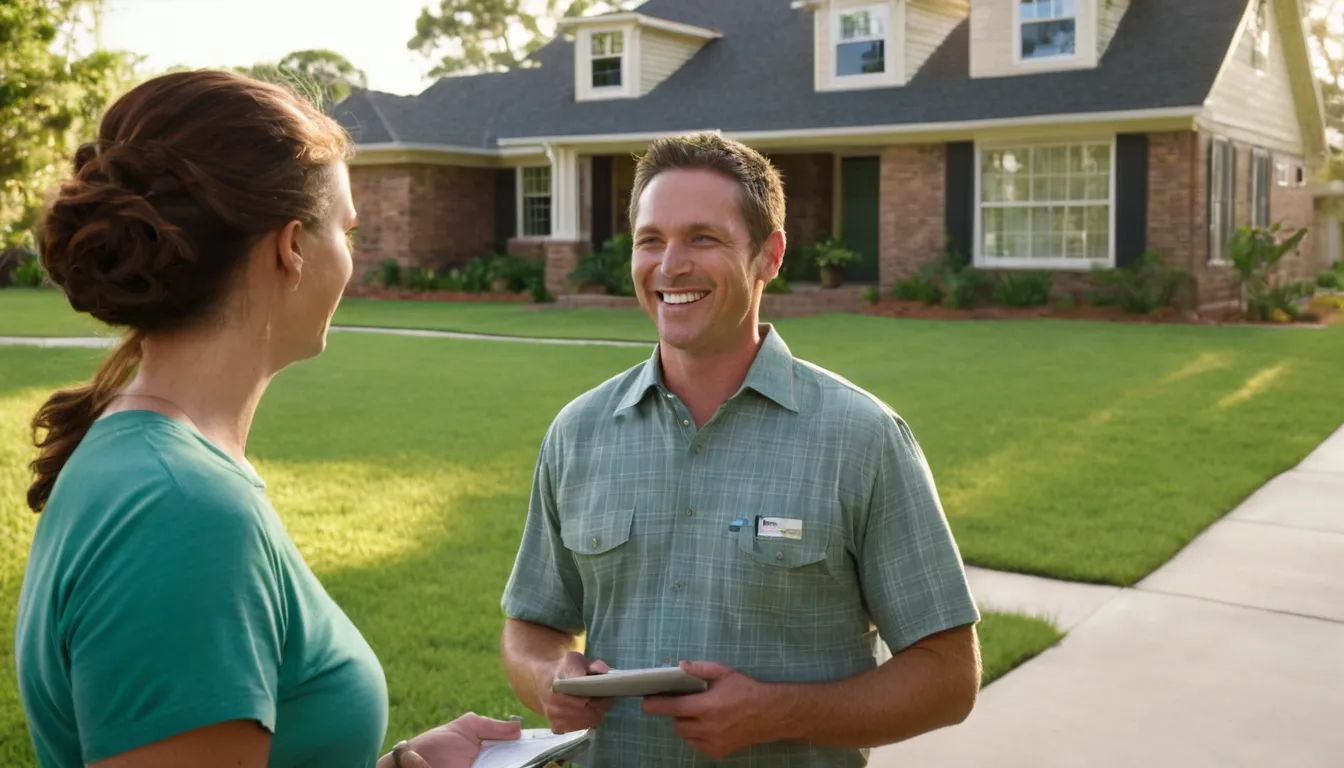 A friendly septic provider talking with a homeowner beside a tidy yard in Rockwall