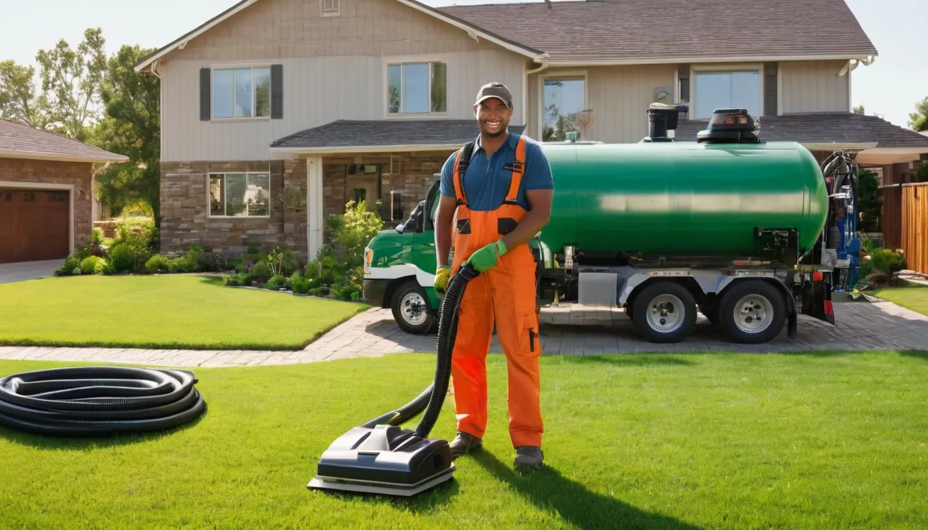 Friendly septic provider with a pumper truck at a Rockwall home, checking the tank lid in the yard